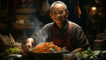 Smiling man cooking food, looking at camera, in commercial kitchen generated by AI photo