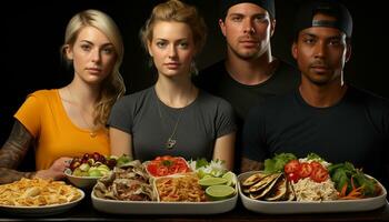 Four adults sitting at a table, looking at camera, eating salad generated by AI photo