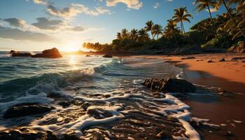 Tranquil scene, sunset paints sky, palm trees sway, waves crash generated by AI photo