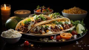 A delicious taco meal with grilled beef, fresh tomato, and guacamole generated by AI photo