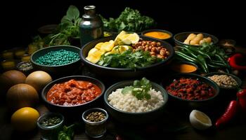 Freshness and variety on a wooden table  healthy, organic, vegetarian meal generated by AI photo