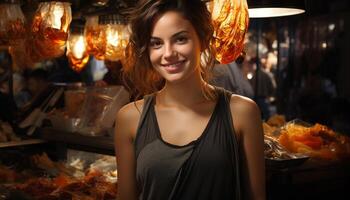 Smiling woman cooking food, enjoying the heat and confidence generated by AI photo