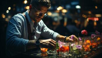 A man sitting at a bar, enjoying a refreshing drink generated by AI photo