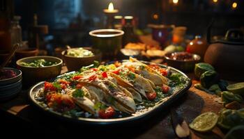 A gourmet meal of grilled meat and fresh vegetables on plate generated by AI photo