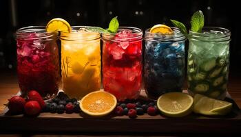 Fresh fruit cocktail with lime and lemon, served on wooden table generated by AI photo