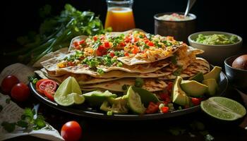 Freshness on a plate  tomato, taco, guacamole, and cilantro flatbread generated by AI photo