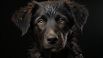 Cute puppy sitting, looking at camera, wet fur, loyal friend generated by AI photo