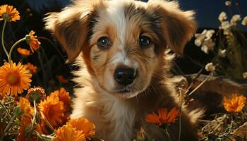 Cute puppy sitting in grass, looking at camera, playful nature generated by AI photo