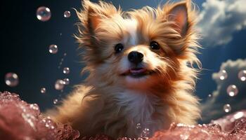 Cute small puppy, fluffy fur, playful terrier, looking at camera generated by AI photo
