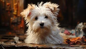 Cute puppy sitting indoors, looking at camera with playful nature generated by AI photo