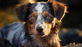 Cute puppy sitting on grass, looking at camera with loyalty generated by AI photo