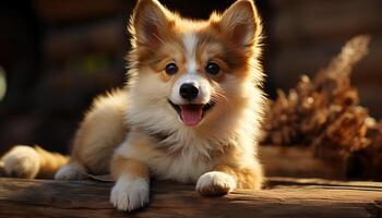 Cute dog sitting, looking at camera, playful and fluffy generated by AI photo