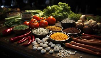 Freshness and variety on a rustic wooden table, healthy vegetarian meal generated by AI photo