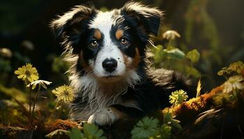 Cute puppy sitting on grass, looking at camera, playful and fluffy generated by AI photo