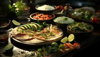 frescura y especia en un gastrónomo mexicano comida en un mesa generado por ai foto