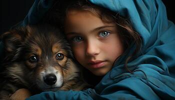 A cute puppy and a smiling girl, pure friendship and love generated by AI photo