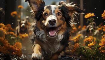 A cute puppy sitting, looking at camera, surrounded by nature generated by AI photo