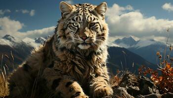 majestuoso tigre, piel a rayas con belleza, mirando a cámara en nieve generado por ai foto