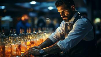 A smiling businessman enjoys a drink at the city bar generated by AI photo