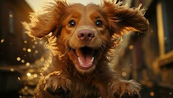 linda cachorro, mojado pelo, sesión, juguetón, mirando a cámara, sonriente generado por ai foto
