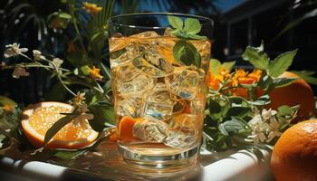 Refreshing cocktail with citrus fruit, ice, and a mint leaf generated by AI photo