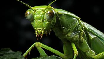 Close up of a green locust head with sharp, horned antenna generated by AI photo