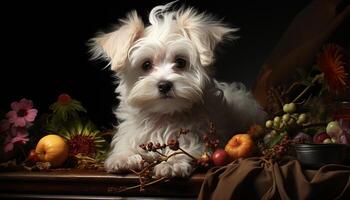 Cute small puppy sitting, looking at camera, fluffy fur, generated by AI photo