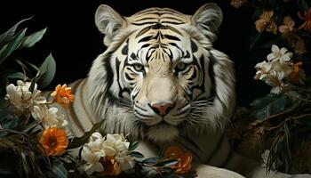 Bengala tigre, a rayas belleza, curioso, feroz, en tropical selva generado por ai foto