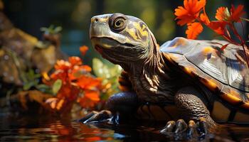 A cute turtle crawls slowly in the multi colored underwater pond generated by AI photo