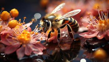 A bee collects pollen from a yellow flower in nature generated by AI photo