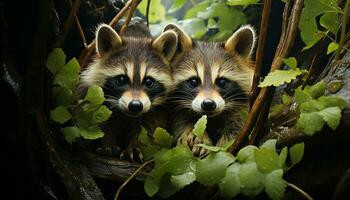 Cute red fox looking at young panda on tree branch generated by AI photo