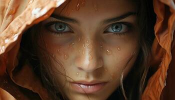 A beautiful young woman, wet from the rain, smiling at camera generated by AI photo