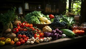 Freshness of organic vegetables on wooden table, nature healthy abundance generated by AI photo