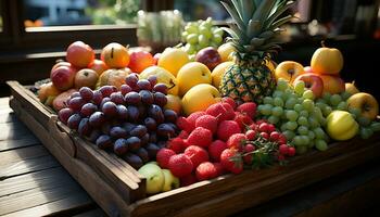 frescura de naturaleza generosidad sano comiendo, maduro Fruta colección en de madera mesa generado por ai foto