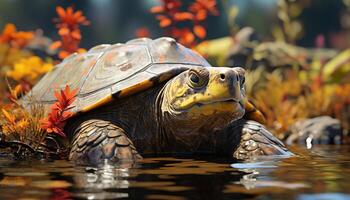 A cute turtle crawls slowly in the green forest background generated by AI photo