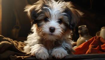 Cute puppy sitting, looking at camera, fluffy fur, playful nature generated by AI photo