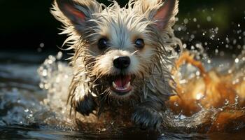 un linda mojado perrito jugando en el agua, puro canino alegría generado por ai foto