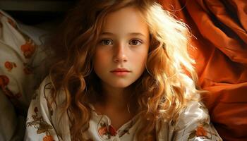 Cute blond girl with long hair looking at camera indoors generated by AI photo