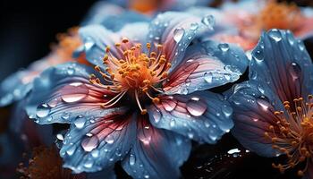 Close up of a vibrant, multi colored gerbera daisy in a wet garden generated by AI photo