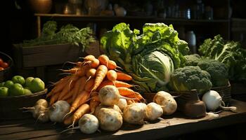 Freshness and variety of organic vegetables in a rustic grocery store generated by AI photo