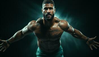 Muscular athlete, shirtless, looking at camera, determined, bodybuilding, black background generated by AI photo