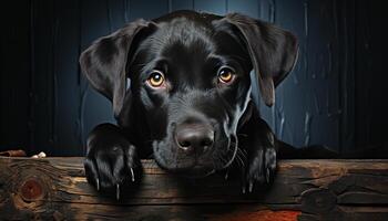 Cute puppy sitting, looking at camera, black background, playful nature generated by AI photo