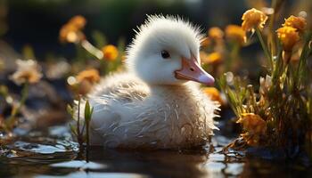 Fluffy duckling in grass, cute and small, enjoying nature generated by AI photo