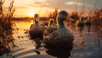 Nature beauty reflected in the tranquil pond, ducks gracefully swim generated by AI photo