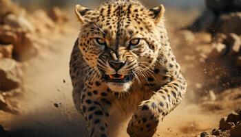 majestuoso leopardo caminando en el desierto, vigilancia en sus ojos generado por ai foto