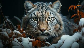 majestuoso tigre, feroz mirada, nieve cubierto bosque, belleza en naturaleza generado por ai foto