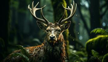 A majestic stag gazes, surrounded by winter tranquil beauty generated by AI photo