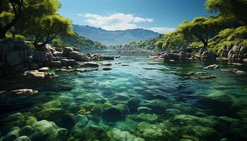 Tranquil scene blue mountain peak reflects in calm water generated by AI photo