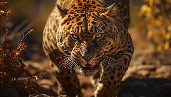 majestuoso Tigre caminando en el salvaje, ojos enfocado en cámara generado por ai foto