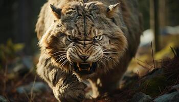 majestuoso tigre, feroz y salvaje, curioso con intenso amarillo ojos generado por ai foto